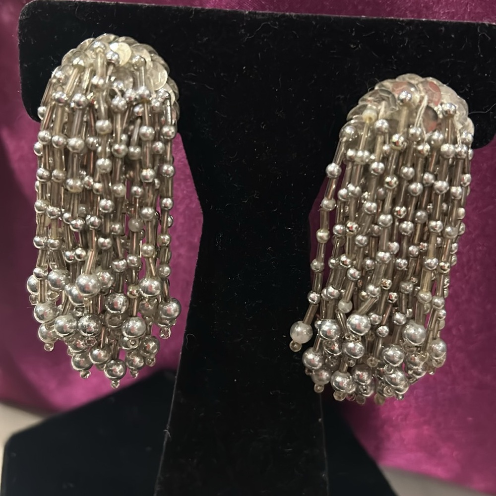 Vintage Silver Beaded Waterfall Clip on Earrings-Boutique - Picture 2 of 3